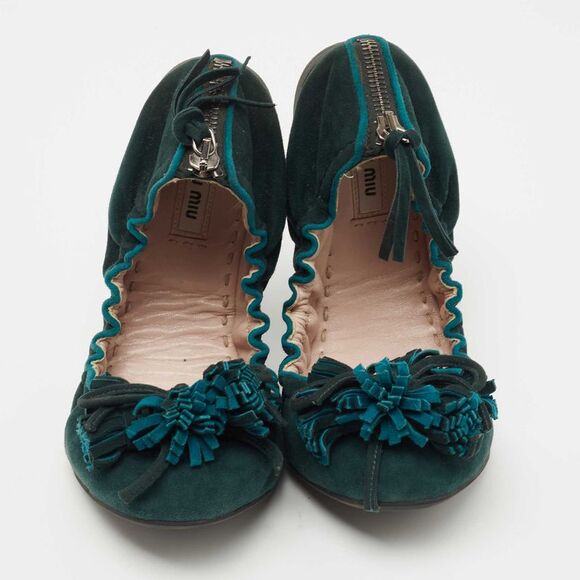 Miu Miu Dark Green Suede Fringe Bow Scrunch Ballet Flats Size 38
